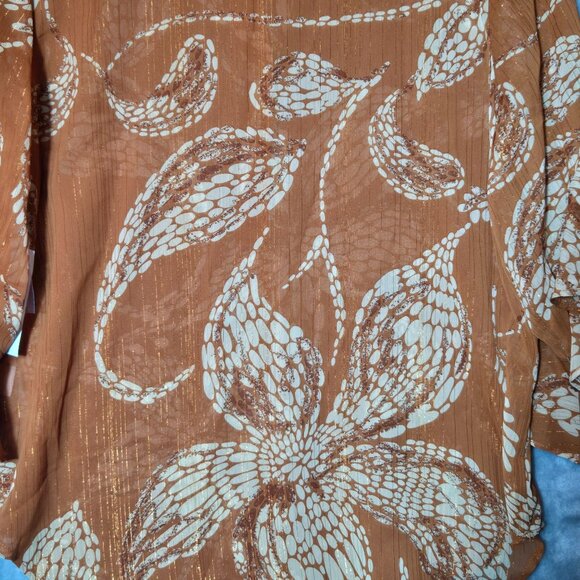 Vince Camuto Pintucked Ruffle Cuff Semi Sheer V-Neck Boho Blouse Orange Medium - Picture 10 of 12